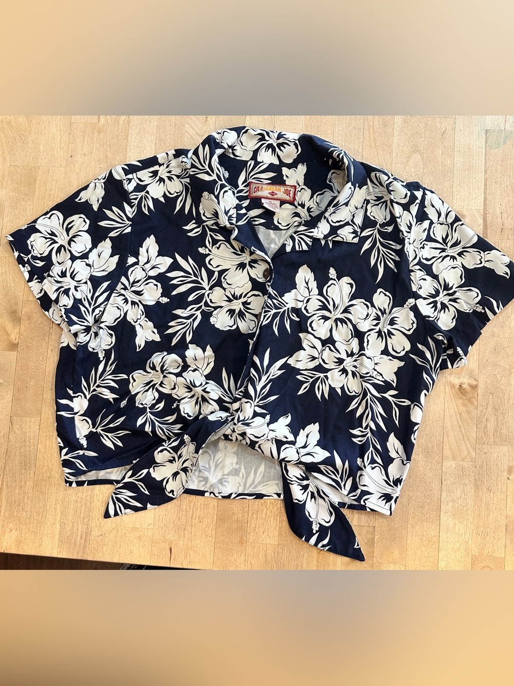 Caribbean Joe Navy and White Floral Tie-Front Button Down Shirt